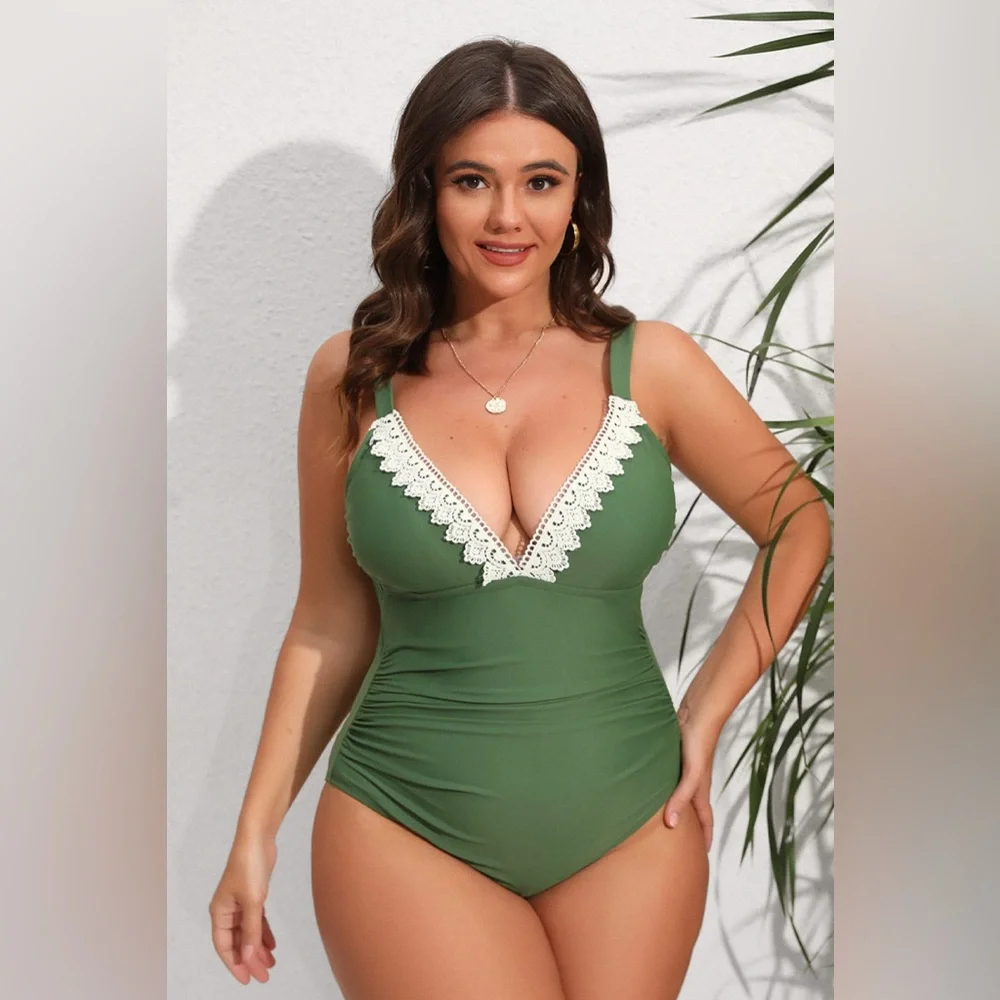 NWT Green One-Piece Swimsuit with Lace Trim - Picture 2 of 7